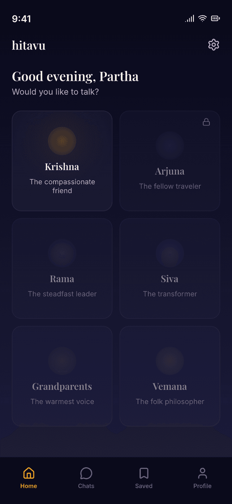 Hitavu home screen with six companions